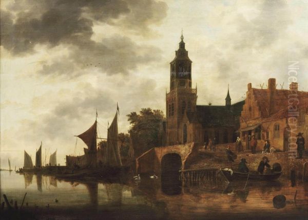 A Riverlandscape With Figures Outside An Inn In A Town On The Banks Oil Painting by Hendrick De Meijer