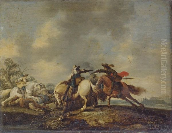 A Cavalry Skirmish Oil Painting by Hendrick De Meijer