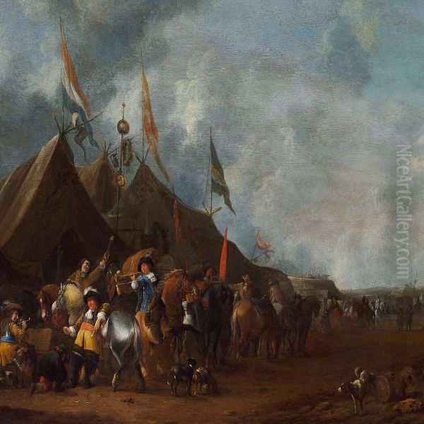 A Military Encampment With Soldiers Smoking And Drinking Oil Painting by Hendrick De Meijer