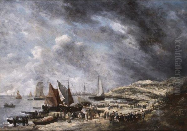 Winterliche Meeresbucht Mit Anliegenden Segelschiffen Und Reicher Figurenstaffage Oil Painting by Hendrick De Meijer