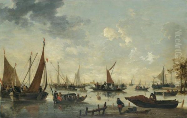 Boats And Ships On The River Maas, The Grote Kerk And Dordrecht In The Distance Oil Painting by Hendrick De Meijer