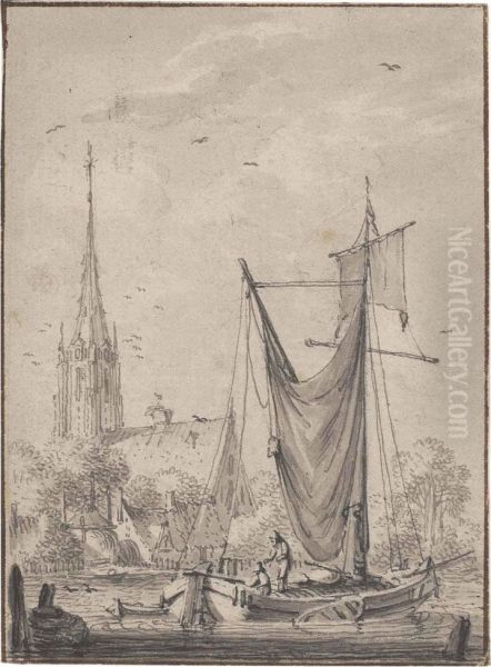 A Fishing Vessel In A Harbour, A Church Beyond Oil Painting by Hendrik Meijer