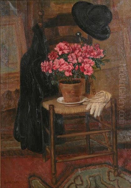 Stilleven Met Bloemen, Hoed En Jasop Stoel Oil Painting by Hendrik De Meyer