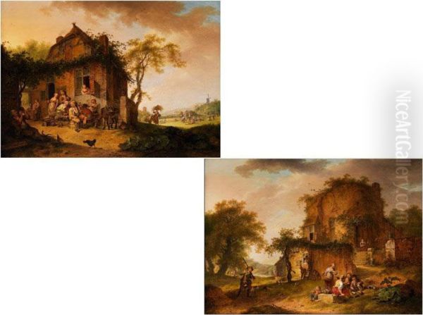 Alte Gebaude In Landschaft Mit Mehrfigurigen Landlichenszenen Oil Painting by Hendrik De Meyer