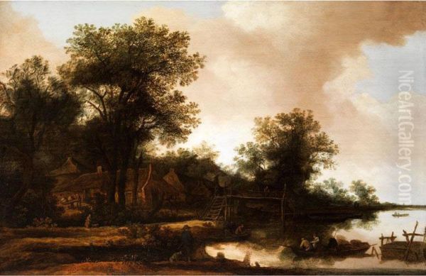 Landschaft Mit Teichufer Und Bauernhausern Unter Hohen Baumen Oil Painting by Pieter De Molijn