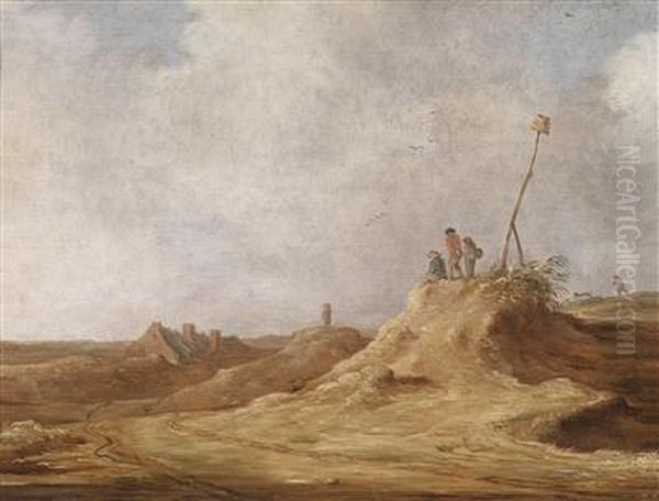 Dune Landscape With Farm Cottages And Threefigures Oil Painting by Pieter De Molijn