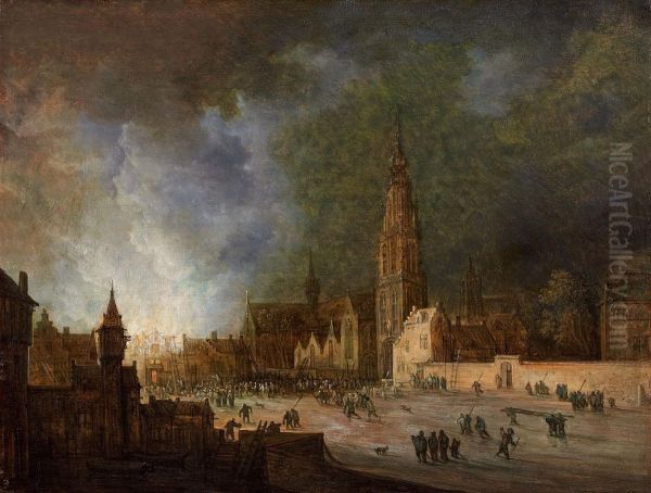 Ansicht Auf Die Kathedrale Von Antwerpen Bei Nacht Oil Painting by Frans de Momper