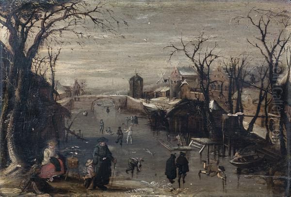 Patineurs Et Promeneurs Sur Une Riviere Gelee Oil Painting by Frans de Momper