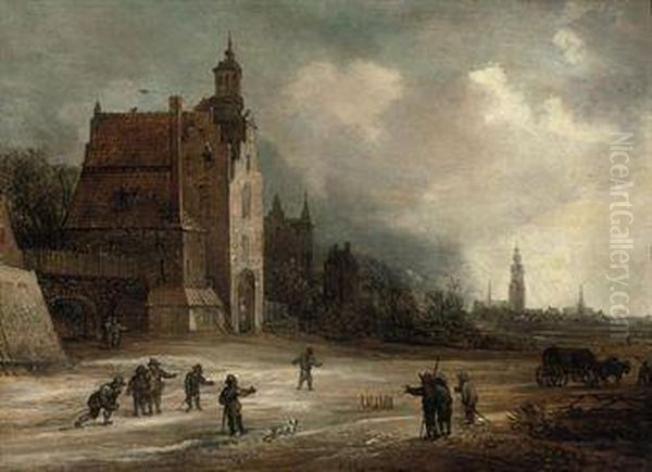 Soldiers Playing Skittles On A Road By A Manor House, A View Ofbreda Beyond Oil Painting by Frans de Momper