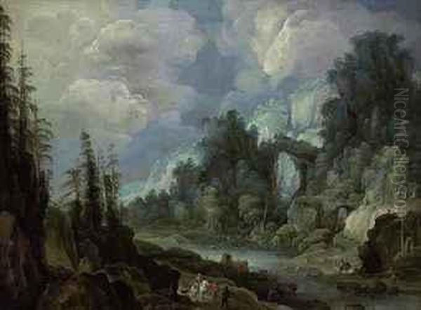 An Extensive Mountainous, River Landscape With Travellers Oil Painting by Philippe I De Momper