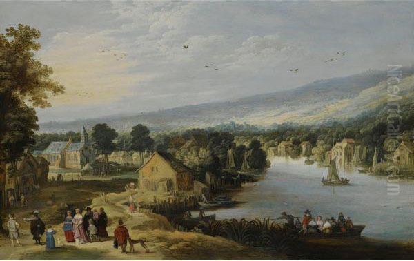 An Extensive Landscape With A Village Near A River, With An Elegant Family On A Path In The Foreground, A Ferryboat And Small Sailing Vessels In The Water, A Church Beyond Oil Painting by Philippe I De Momper