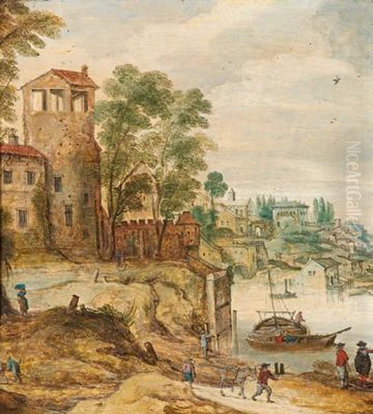 Citta Su Un Fiume Con Barche E Personaggi Oil Painting by Philippe I De Momper