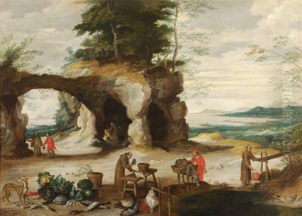 Figures By A Grotto Near The Shore Oil Painting by Philippe Ii De Momper