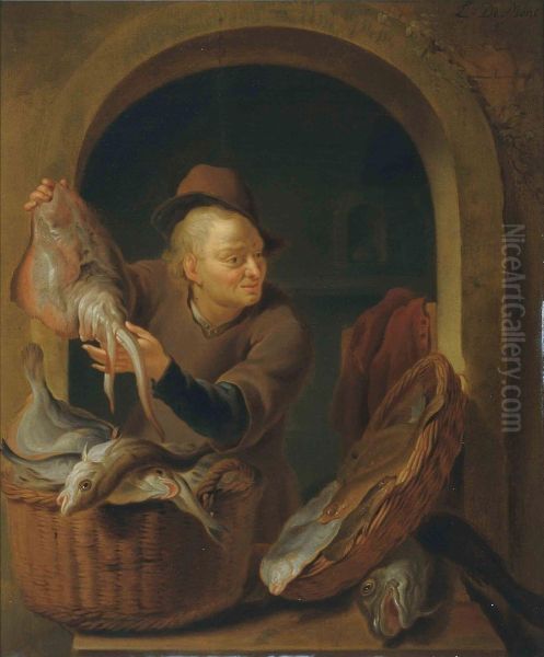 A Fish Seller At A Casement Oil Painting by Louis de Moni