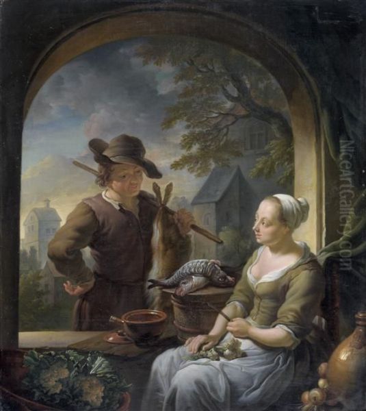 Chasseur Conversant Avec Une Cuisiniere Oil Painting by Louis de Moni