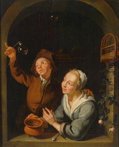 A Young Couple Making Soap Bubbles Oil Painting by Louis de Moni