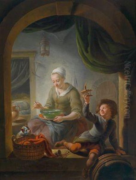 Interieur Mit Einerjungen Frau Und Einem Knaben Mit Einer Mausefalle Oil Painting by Louis de Moni