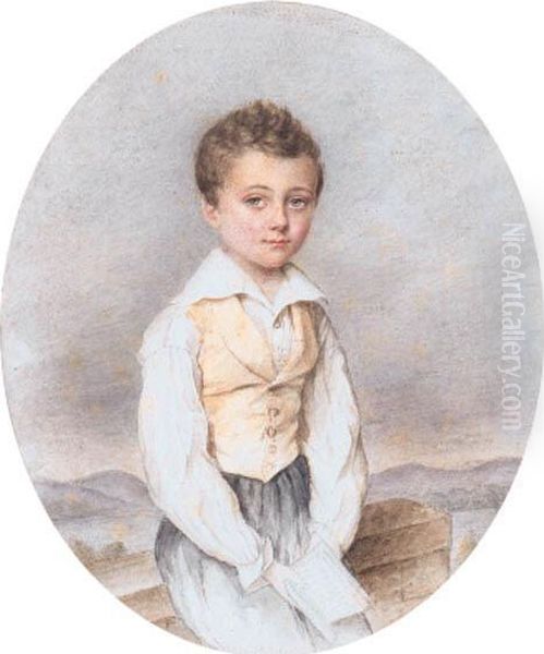 Portrait Of A Young Boy, Small Three-quarter-length, Holding Abook, On A Terrace Oil Painting by Virginie De Montfort De Marguerie