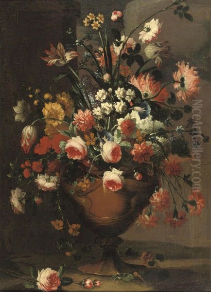 Peonies, Pink Roses, Lilies, Tulips, Daffodils And Various Otherflowers In A Vase Oil Painting by Karel De Moor