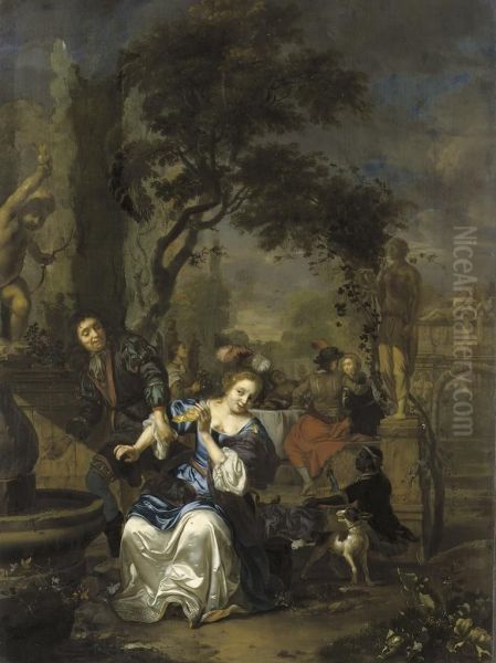 An Elegant Company In A Garden Landscape Oil Painting by Karel De Moor