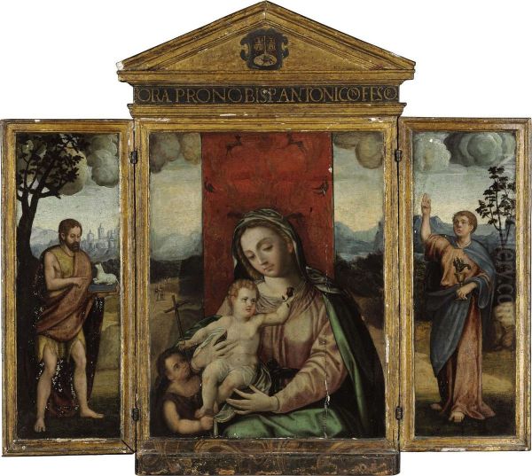 A Triptych Of The Virgin And Child With The Young Saint John The Baptist Oil Painting by Luis de Morales