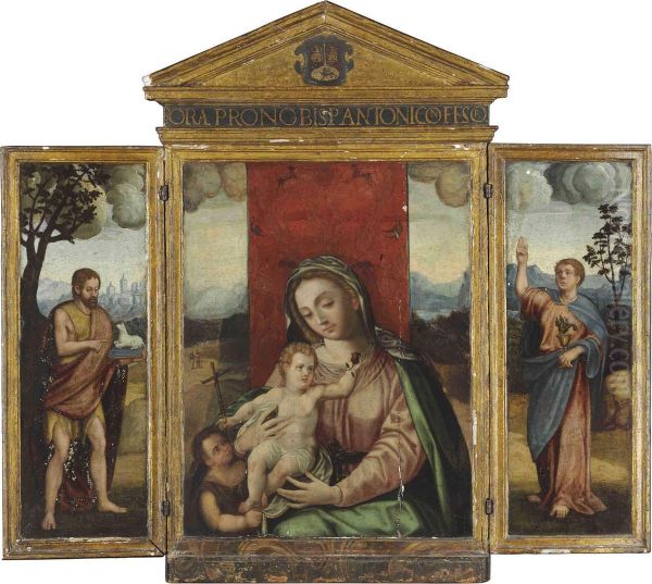 A Triptych Of The Virgin And Child With The Young Saint John Thebaptist Oil Painting by Luis de Morales