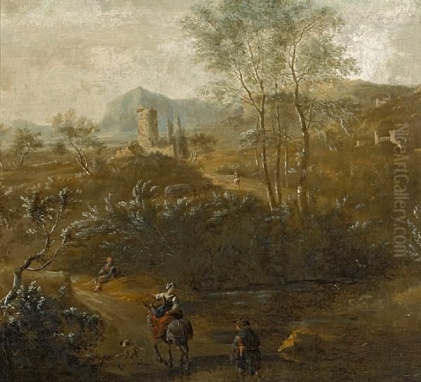 A Landscape With Figures Oil Painting by Frederick De Moucheron