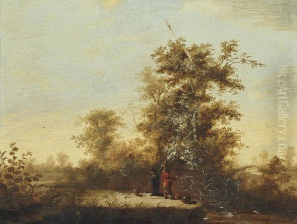 A Wooded River Landscape With Anglers On A Bank Oil Painting by Frederick De Moucheron