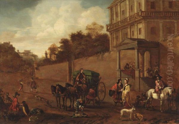 An Elegant Company Near A Carriage Outside The Walls Of A Country House, Hunters Nearby Oil Painting by Frederick De Moucheron