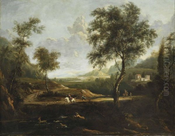 A Wooded Landscape With A Deer Hunt Oil Painting by Frederick De Moucheron