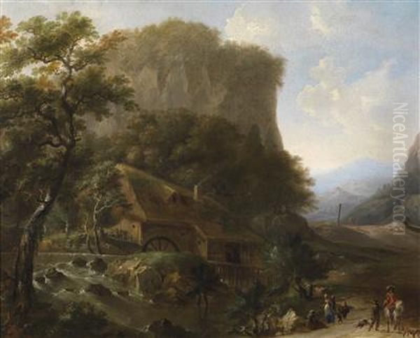 A Mountainous Landscape With A Mill And Travellers Oil Painting by Frederick De Moucheron