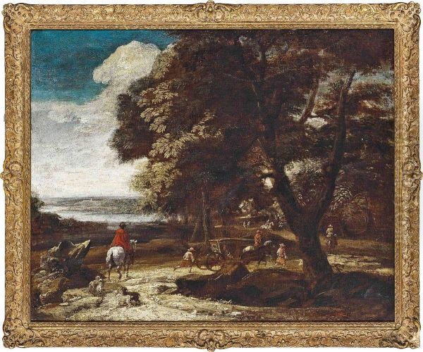 A Wooded River Landscape With Travellers And A Carriage On A Track Oil Painting by Frederick De Moucheron