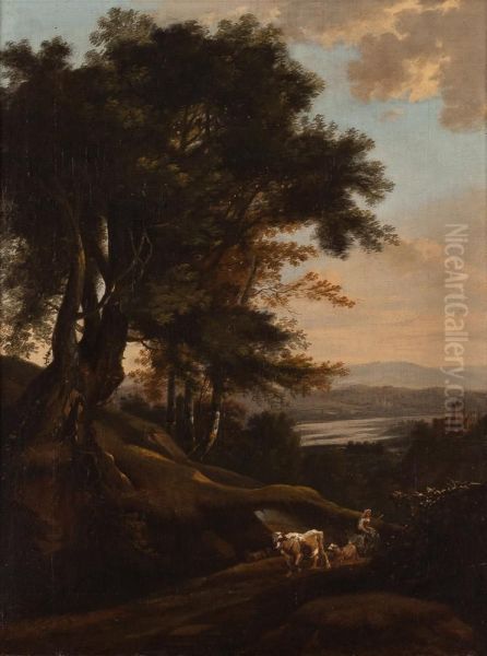 Sudliche Landschaft Mit Hirtin, Vieh Und Ruinen Oil Painting by Frederick De Moucheron