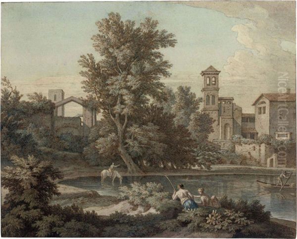 An Italianate Landscape With A Rider Watering His Horse Oil Painting by Isaac de Moucheron