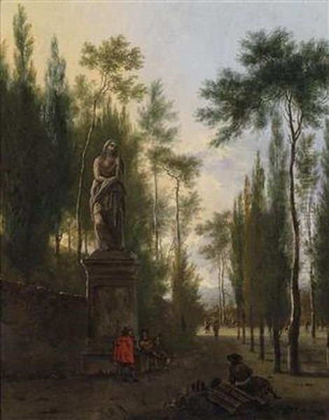 A Southern Landscape With Male Figuresresting Underneath A Roman Statue Oil Painting by Isaac de Moucheron