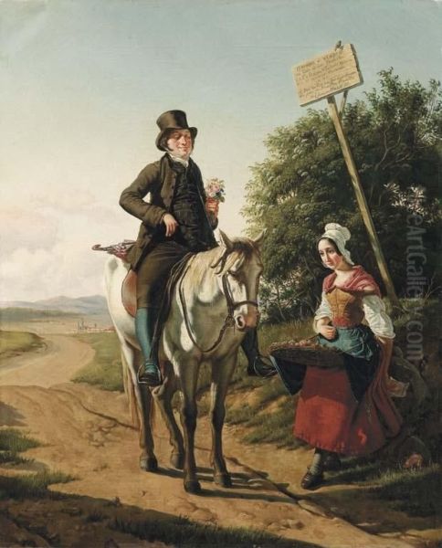 Corteggiamento Campestre - 1855 Oil Painting by Albinia Schafalitsky De Muckadell