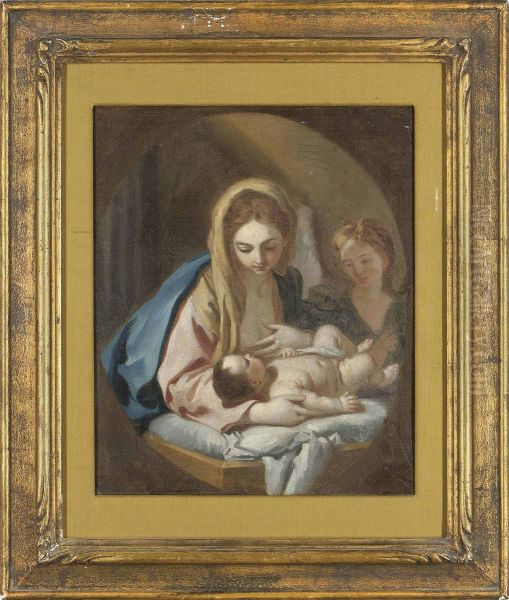 Mura 
 The Madonna And Child With An Angel, Feigned Oval Oil Painting by Francesco de Mura