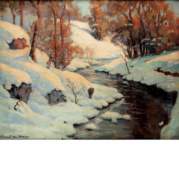 Winter Landscape Oil Painting by Ernest De Nagy