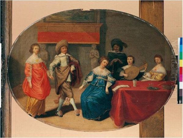 An Interior With Elegant Figures Playing Music, Singing And Dancing Oil Painting by Laurentius de Neter