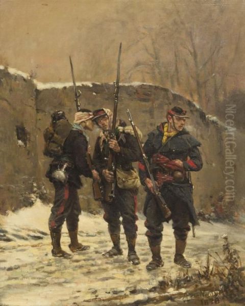 Three Soldiers In Winter Oil Painting by Alphonse Marie de Neuville