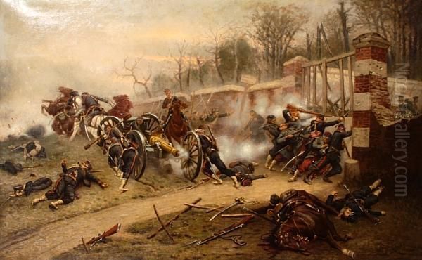 A Military Skirmish Oil Painting by Alphonse Marie de Neuville