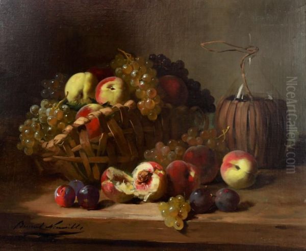 Still Life Of Wine Bottle, Peaches And Grapes Oil Painting by Brunel De Neuville