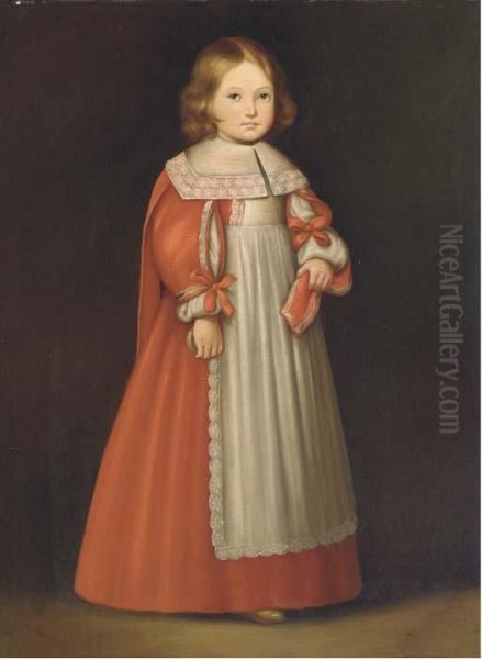 Portrait Of A Young Girl, Standing Full-length, In A Red And Whitedress Oil Painting by Cornelis De Vos