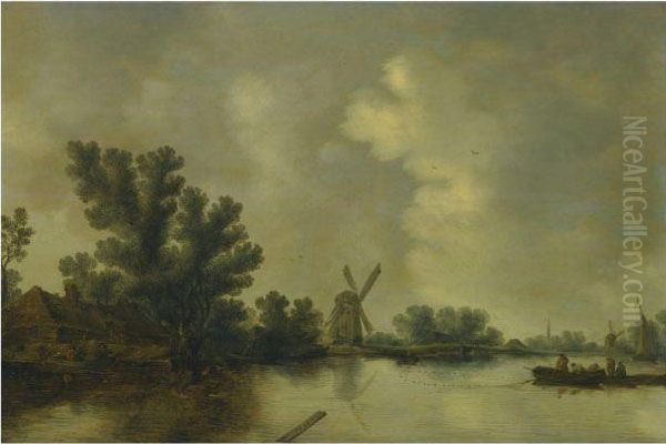 A River Landscape With Fishermen Casting Their Net, A Windmillbeyond Oil Painting by Pieter de Neyn