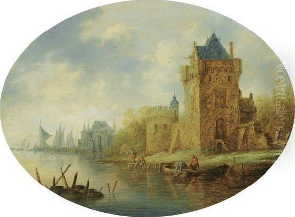 A River Landscape With A Fortified Town On The River Banks, Fishermen In The Foreground, Shipping Beyond Oil Painting by Pieter de Neyn