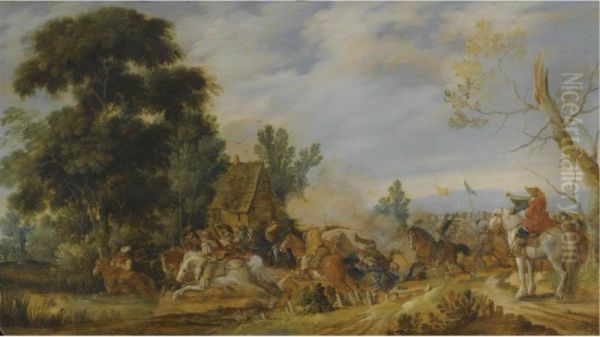 A Cavalry Battle Beside A Stream Oil Painting by Pieter de Neyn