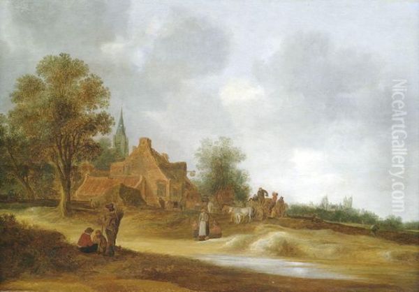 Dunenlandschaft Mit Einem Gasthaus, Im Hintergrund Stadtsilhouette Oil Painting by Pieter de Neyn