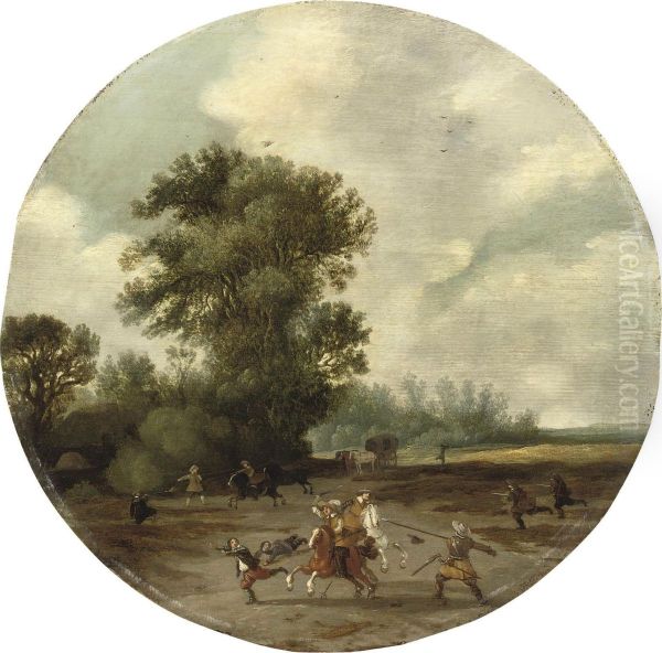 A Landscape With A Skirmish In The Foreground Oil Painting by Pieter de Neyn