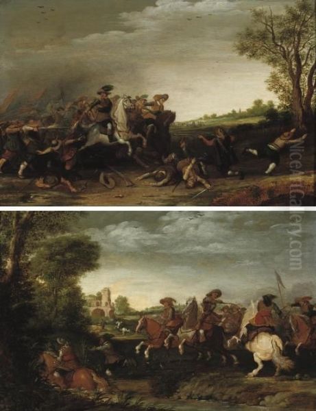 A Cavalry Skirmish Near A Bridge And; A Cavalry Skirmish Near A River Oil Painting by Pieter de Neyn