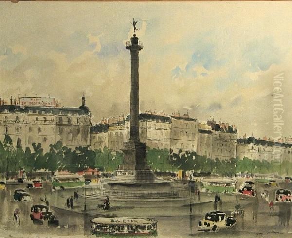 A View Of The Place De La Bastille; A View Of The Place De L'opera (a Pair) Oil Painting by Guy De Neyrac